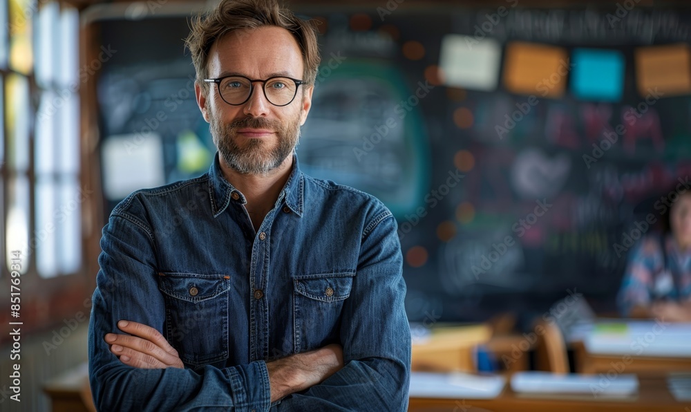 Confident teacher man in classroom