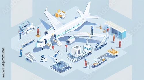 Isometric illustration of an airplane at the airport with ground crew, baggage, and equipment.