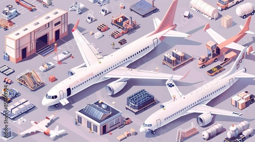 Isometric illustration of an airport with airplanes, cargo, and ground support equipment.