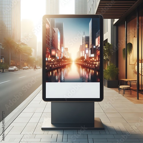 A billboard large empty white on the stree design graphict sidewalk on a sidewalk accessible creative. photo