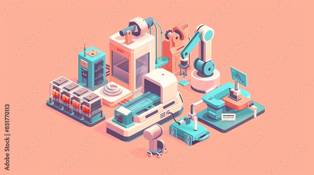 Isometric illustration of automated production line with robots and machines.