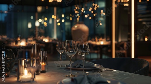Elegant fine dining restaurant with dim lighting, beautifully set tables, wine glasses, and ambient atmosphere for an intimate dinner. photo