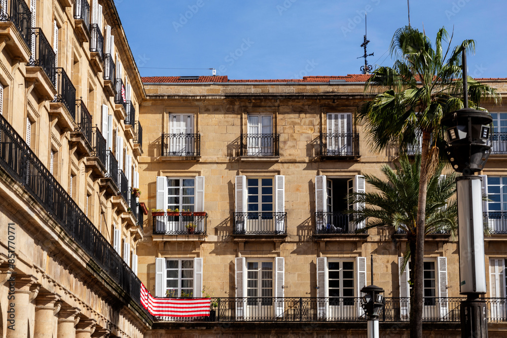 Plaza Nueva building promenade square in central Bilbao city. Beautiful Mediterranean architecture.. Basque Country Plaza Nueva building promenade square in central Bilbao city. Beautiful Mediterranean architecture.. Basque Country