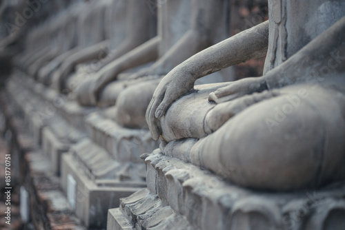 A serene row of ancient Buddha statues in a historic temple, with the foreground statue prominently detailed against a softly focused background.  Wat Yai Chai Mongkol  Ayutthaya , Thailand  photo