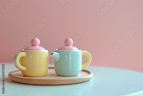 A modern toy tea set on a light pink backdrop.