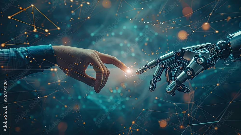 Futuristic background with human and robot hands meeting, highlighting AI integration