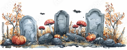 A gravestone clipart, spooky scene, watercolor illustration, grey tones, isolated on white background