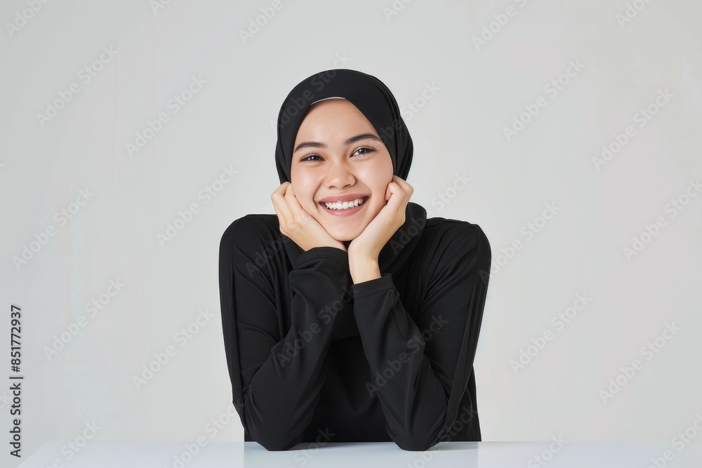Beautiful young asian muslim woman wearing a black hijab on white background, Portrait of Arab Beauty. Beautiful young asian muslim woman wearing a black hijab on white background, Portrait of Arab Beauty.