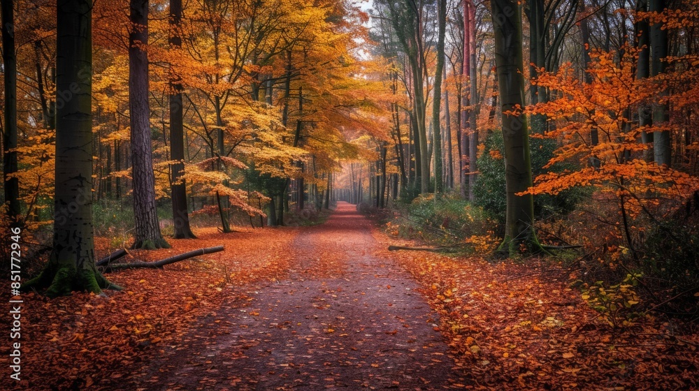 Path through a forest bursting with autumn hues, with leaves gently falling to the ground as the season changes Path through a forest bursting with autumn hues, with leaves gently falling to the ground as the season changes