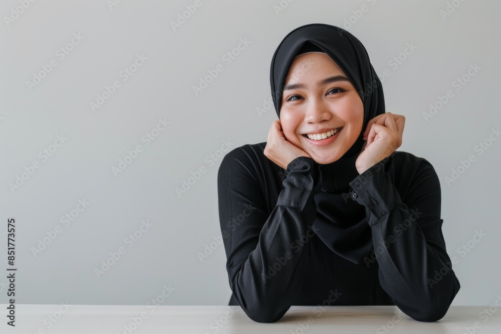 Beautiful young asian muslim woman wearing a black hijab on white background, Portrait of Arab Beauty. Beautiful young asian muslim woman wearing a black hijab on white background, Portrait of Arab Beauty.