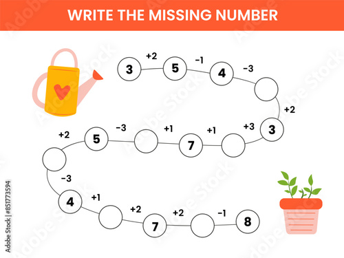 Mathematical educational game for children. Complete the series and insert the missing numbers. Solve the equation and help water the flowers with a watering can. Educational cards for children