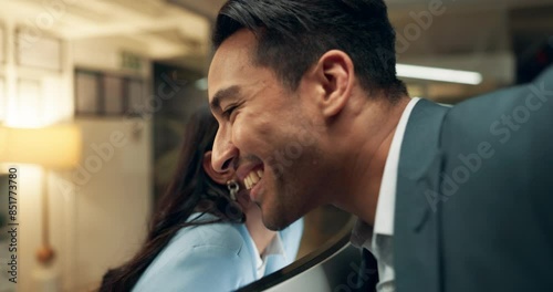 Flirt, man and woman in office romance with secret relationship, smile and trust in workplace at night. Love, affair and happy business couple with whisper, gossip and overtime at online tech agency