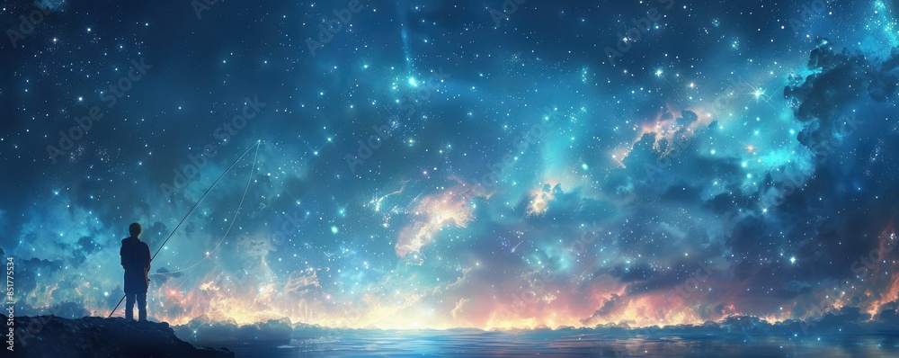 Man fishing in a sea of stars with a cosmic fish on the line Man fishing in a sea of stars with a cosmic fish on the line