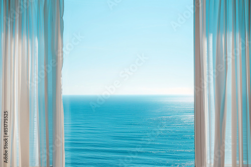 Views from a hotel window to the sea in a tropical landscape for vacation travel, revealing a mesmerizing beachfront panorama for unwinding and explorin © Simn