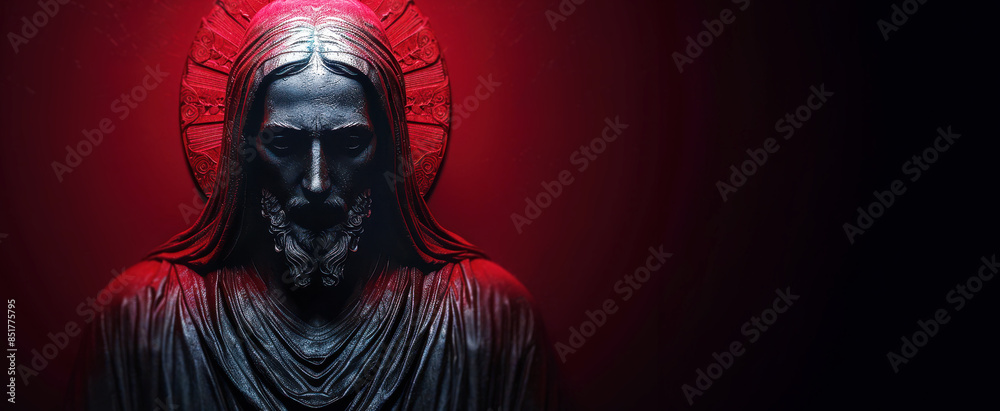 Fototapeta premium red statue of Jesus Christ, with black and red colors, dark background, gothic art style. With copy space