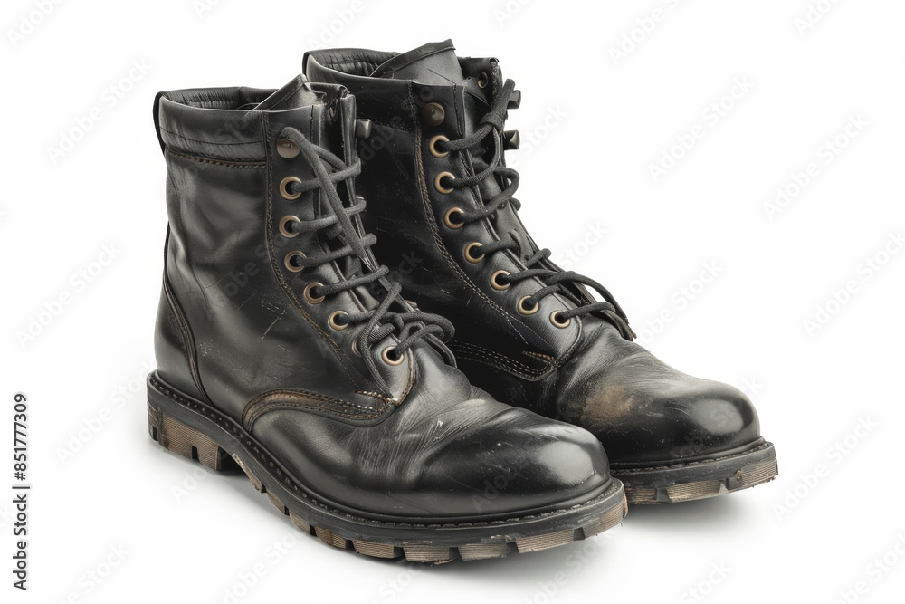 pair of black leather boots isolated on white background. men fashion in leather boots pair of black leather boots isolated on white background. men fashion in leather boots