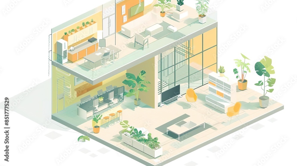 Isometric illustration of a modern and cozy living room with plants and furniture.