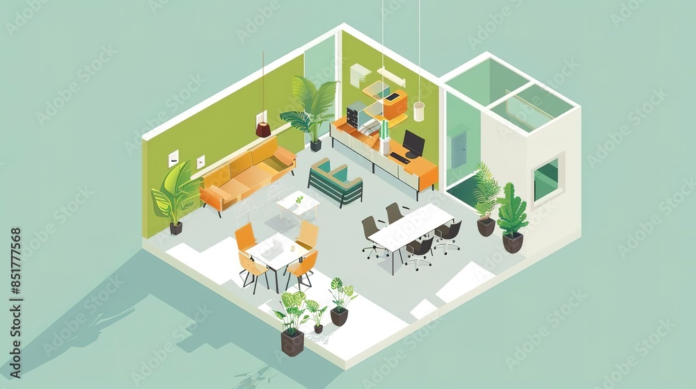 Obraz premium Isometric illustration of a modern office with furniture, plants, and a computer.