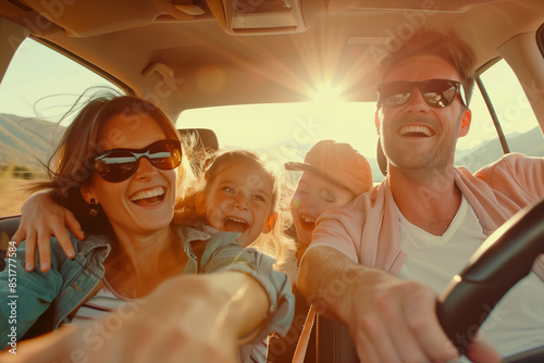 Joyful family driving on a vacation trip, creating lasting memories in their car with copy-space, exemplifying their togetherness and happiness