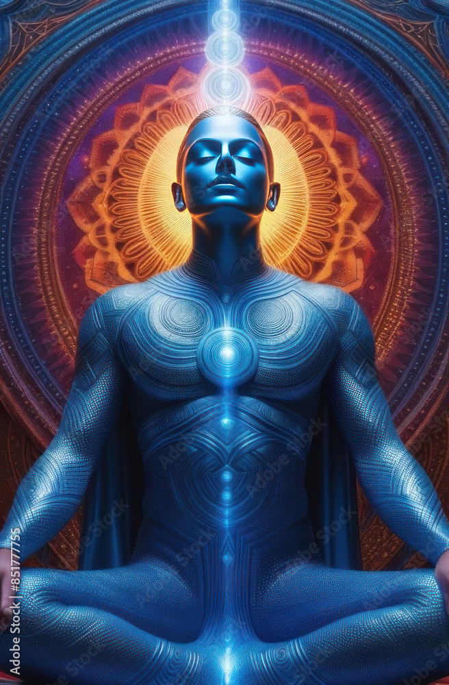 Immerse in the futuristic vision of enlightenment with this breathtaking visual of a meditative figure Immerse in the futuristic vision of enlightenment with this breathtaking visual of a meditative figure