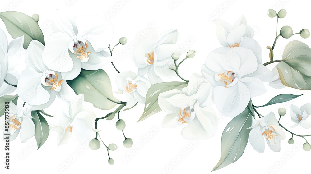 Obraz premium Watercolor painting of white orchids and leaves, perfect for wedding invitations or floral designs.