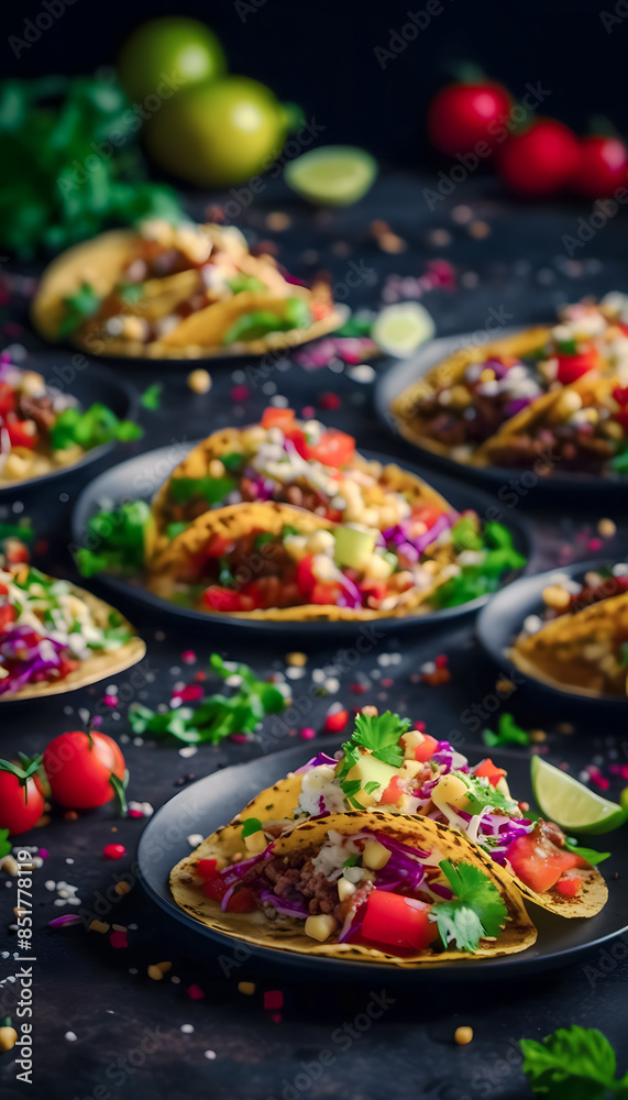 A vibrant display of vegan tacos filled with seasoned lentils, topped with fresh cilantro, avocado slices, and a drizzle of vegan sour cream. National Taco Day. A vibrant display of vegan tacos filled with seasoned lentils, topped with fresh cilantro, avocado slices, and a drizzle of vegan sour cream. National Taco Day.