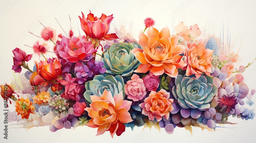 custom made wallpaper toronto digitalWatercolor painting of colorful flowers and succulents.