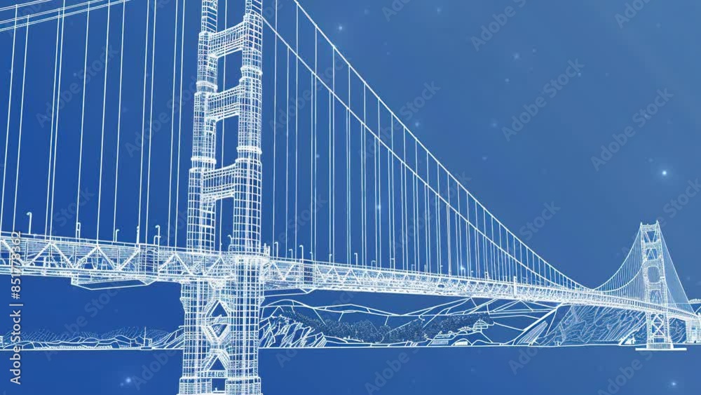 Bridge blueprint, technical diagram of the bridge,. Outline road bridge. Car overpass. Infrastructure illustration. Vector design art. White lines on blue background.