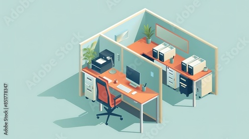 Isometric view of a modern office cubicle with a desk, chair, computer, printer, and file cabinets.