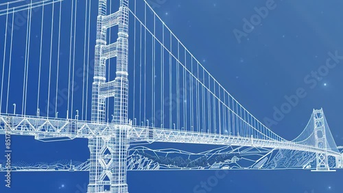 Bridge blueprint, technical diagram of the bridge,. Outline road bridge. Car overpass. Infrastructure illustration. Vector design art. White lines on blue background.