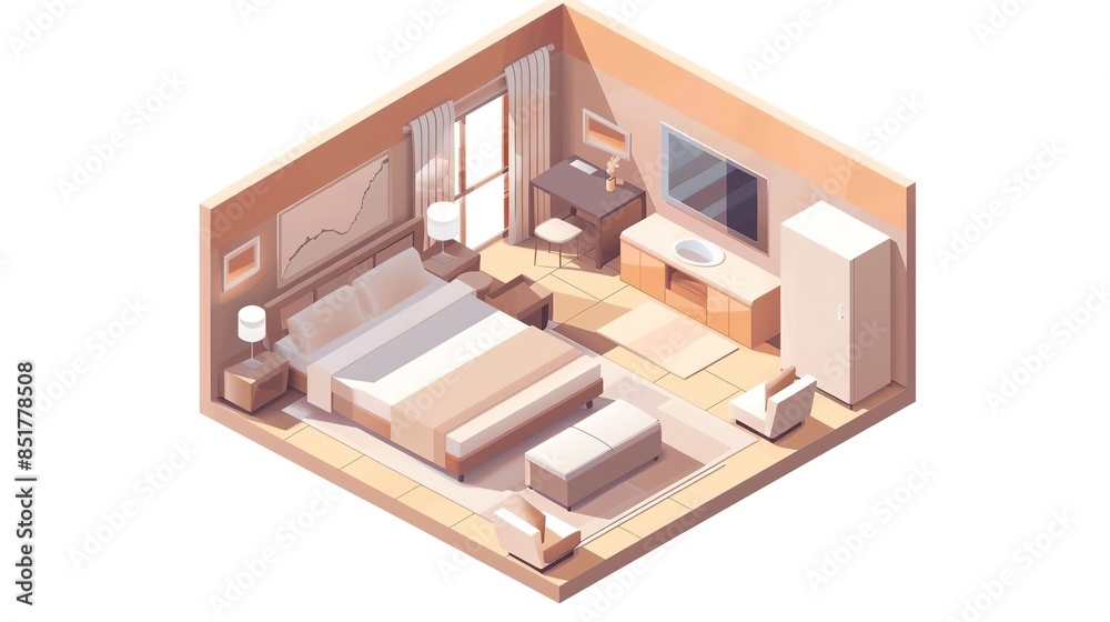 Isometric illustration of a cozy bedroom interior with a bed, nightstands, and a dresser. Isometric illustration of a cozy bedroom interior with a bed, nightstands, and a dresser.
