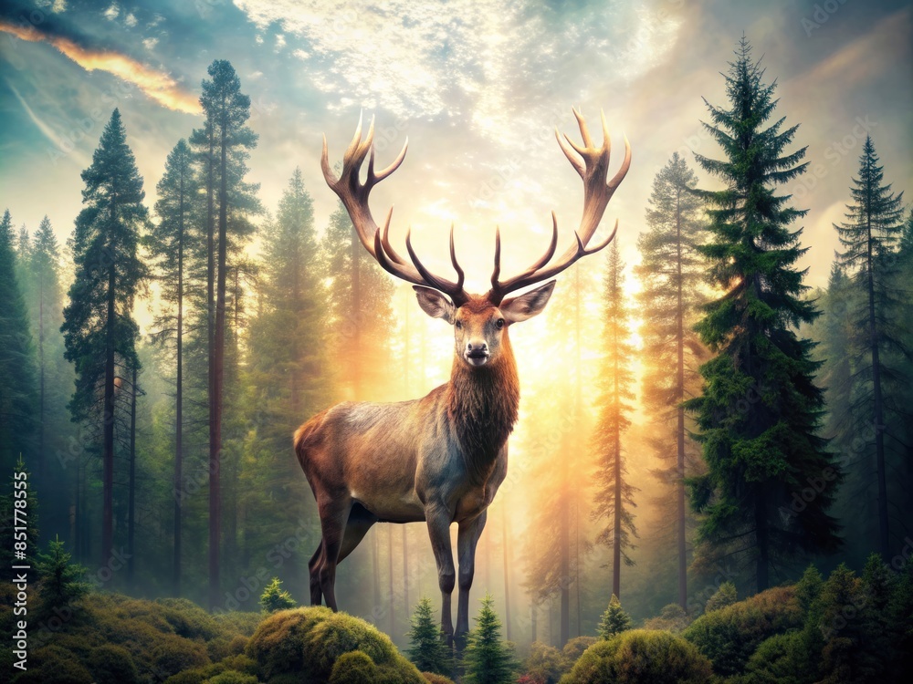 Brown deer stands in a silhouette against a sunset forest Brown deer stands in a silhouette against a sunset forest