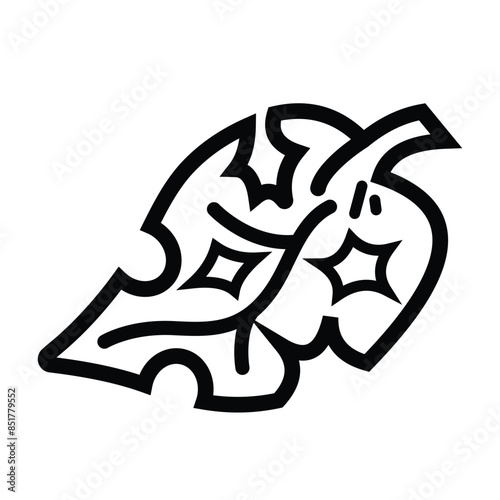 Holes on leaf eaten by caterpillar or other bugs icon illustration with black outline isolated on square white background.Simple flat eco friendly and pesticides free plant themed cartoon drawing.