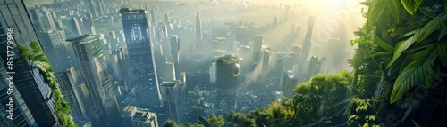 A futuristic cityscape with lush greenery and modern skyscrapers basking in golden sunlight, representing urban growth and sustainability.