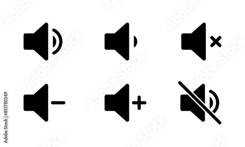 Volume ring, mute, silent, volume increase and volume decrease icon set in black color. Sound volume icons set with different signal levels on white background. Sound icon, volume symbol, speaker sign