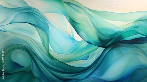 Abstract painting of flowing blue and green lines on a white background.