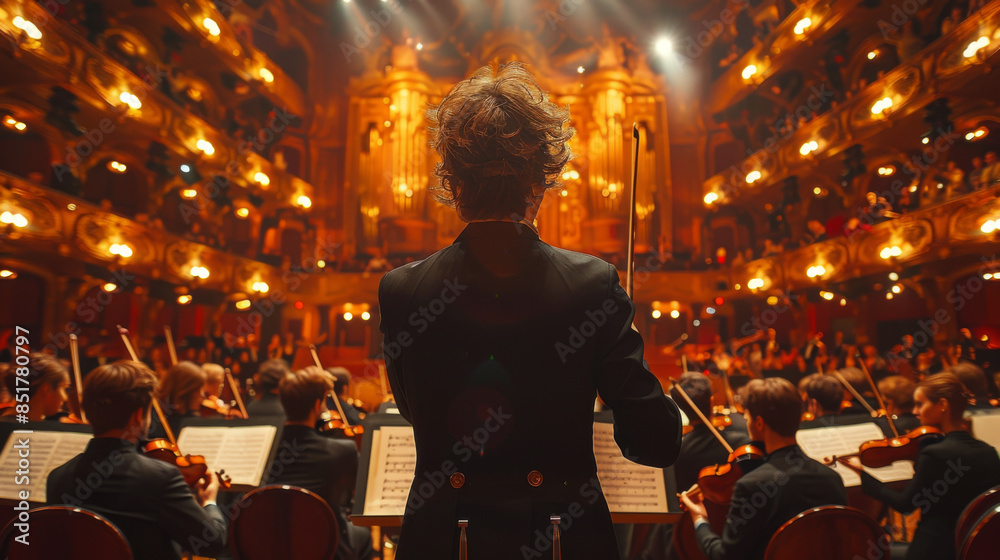 Back View Cinematic shot of Conductor Directing Symphony Orchestra with Performers Playing Violins, Cello and Trumpet on Classic Theatre with Curtain Stage During Music Concert. Back View Cinematic shot of Conductor Directing Symphony Orchestra with Performers Playing Violins, Cello and Trumpet on Classic Theatre with Curtain Stage During Music Concert.