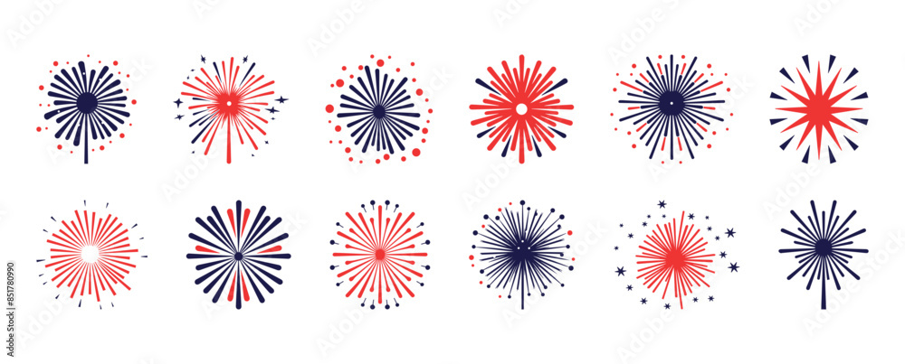 4th of July USA Independence Day background, celebration. Vector illustration. Fireworks Fourth of July. Set of fireworks with red and blue stars and sparks. United States of America independence 4th of July USA Independence Day background, celebration. Vector illustration. Fireworks Fourth of July. Set of fireworks with red and blue stars and sparks. United States of America independence