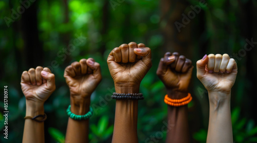 Close-up of the hands of many racial people. Concept of unity, justice, equality.