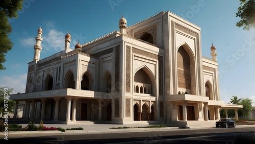 Small mosque exterior design, full white color theme, real estate masjid exterior front elevation design, bright sunny day 