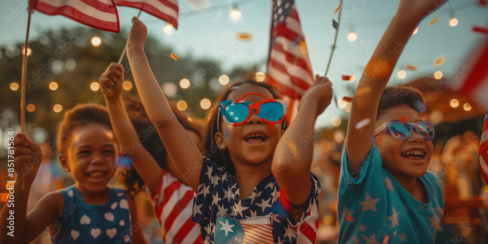 Children from Various Backgrounds Enjoying 4th July with US Flags and Fireworks Children from Various Backgrounds Enjoying 4th July with US Flags and Fireworks