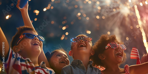 Youngsters of Various Backgrounds Celebrating 4th July with US Flags and Fireworks