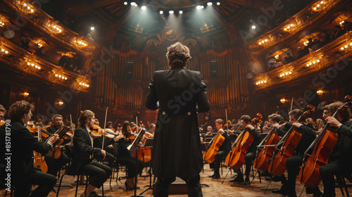 Back View Cinematic shot of Conductor Directing Symphony Orchestra with Performers Playing Violins, Cello and Trumpet on Classic Theatre with Curtain Stage During Music Concert.