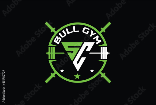 letter s, c, sc or cs gym and fitness logo with berbell circle and cross barbell