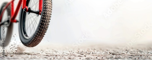 A bicycle tire with a muddy trail on a white background. Perfect for outdoor, cycling, and adventure concepts.