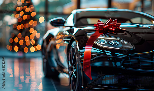 A black luxury car with a red ribbon on the hood in a showroom setting photo