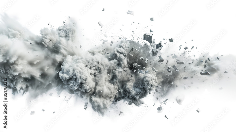 A large cloud of dust and debris is captured in mid-explosion against a white backdrop A large cloud of dust and debris is captured in mid-explosion against a white backdrop
