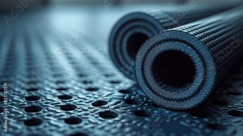 Two rolled industrial rubber mats on perforated metal surface, highlighting texture and material quality.