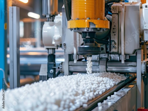 Modern Industrial Machine Extruding Plastic Materials in Factory Setting.