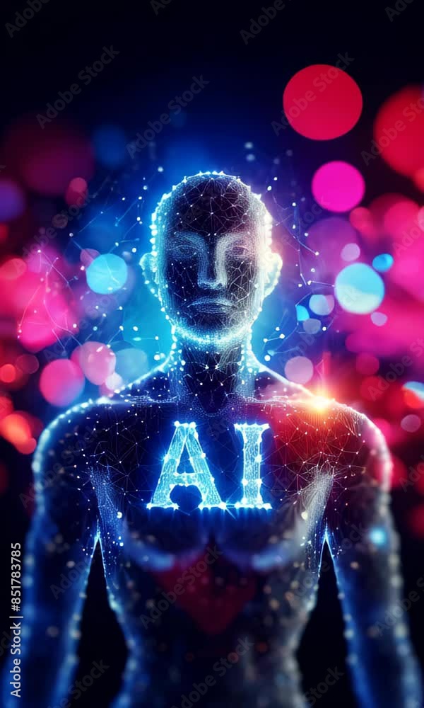 humanoid figure with AI glowing on its chest, surrounded by vibrant, colorful lights. Vertical video humanoid figure with AI glowing on its chest, surrounded by vibrant, colorful lights. Vertical video